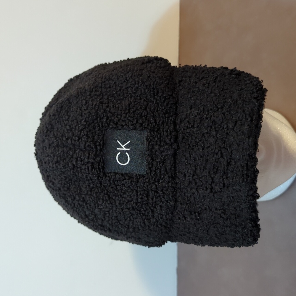 Calvin Klein faux fur Sherpa women's black CK hat one size fits most adjustable